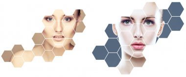 美麗的臉年輕和健康的女孩在拼貼畫。整形外科、護(hù)膚、化妝品及面部提升收藏理念