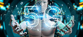 模糊背景下的白色机器人5g 网络数字全息图3d 渲染