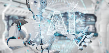 模糊背景下的白色人形女人使用数字人工智能图标全息图3d 渲染