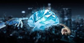 白色仿人手在模糊的背景下创造人工智能3d 渲染