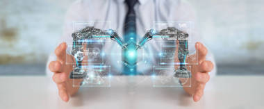 商人在模糊的背景下使用機器人手臂與數(shù)字屏幕3d 渲染