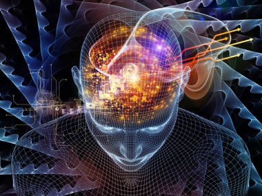 輻射的情懷系列。3d 渲染抽象組成的絲網(wǎng)格模型的主體的人的心靈、 人工智能、 虛擬現(xiàn)實人類頭部和分形圖案