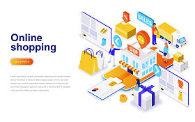 网上购物现代平面设计的等距概念。销售, 消费主义和人的概念。登录页模板。用于 web 和图形设计的概念等距向量图