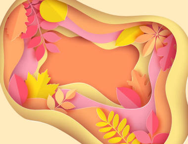 紙秋楓、橡木等葉子粉彩色底色。時尚折紙深剪紙風格。波浪線和柔和的陰影