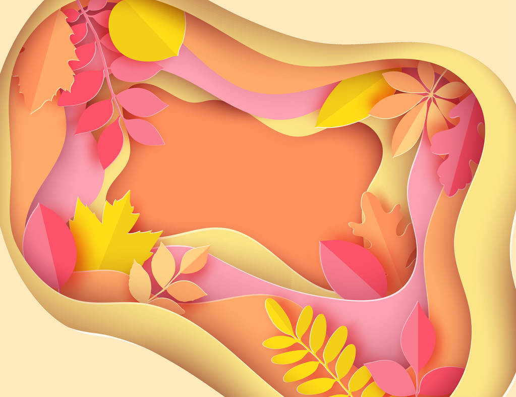 纸秋枫、橡木等叶子粉彩色底色。时尚折纸深剪纸风格。波浪线和柔和的阴影 纸秋枫、橡木等叶子粉彩色底色。时尚折纸深剪纸风格。波浪线和柔和的阴影