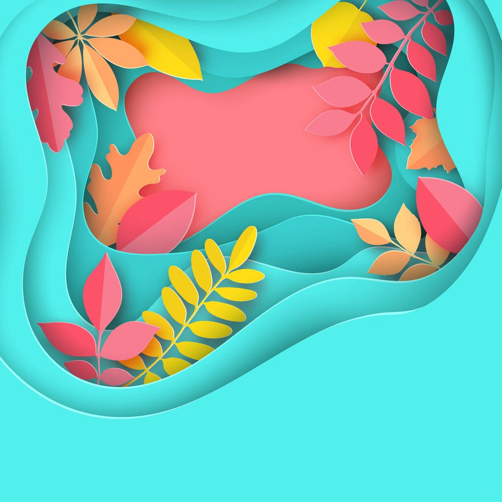 纸秋枫、橡木等叶子粉彩色底色。时尚折纸深剪纸风格。波浪线和柔和的阴影 纸秋枫、橡木等叶子粉彩色底色。时尚折纸深剪纸风格。波浪线和柔和的阴影
