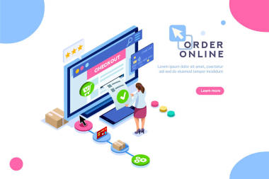 采購, 客戶訂單在線, 銷售概念。性格在購物。矢量推車, 可用于網(wǎng)頁橫幅、圖表、英雄圖像。在白色背景上隔離的平面等距圖