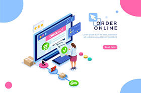 采购, 客户订单在线, 销售概念。性格在购物。矢量推车, 可用于网页横幅、图表、英雄图像。在白色背景上隔离的平面等距图