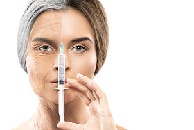 年轻人和老面孔比较。有注射器的女人手术与美容理念