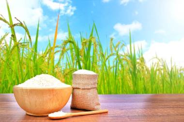 茉莉米 (泰國米) 在木碗和麻布麻布在老式木桌桌與綠色米領(lǐng)域和陽光在背景。復(fù)制文本空間.  