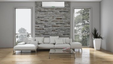 現(xiàn)代明亮內(nèi)飾公寓客廳3d 渲染插圖