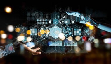 白色機(jī)器人手在模糊的背景上使用數(shù)字?jǐn)?shù)據(jù)接口3d 渲染