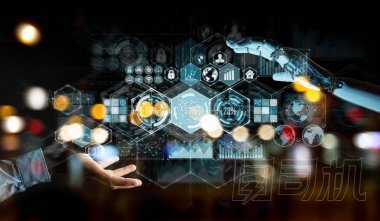 白色機器人手在模糊的背景上使用數(shù)字?jǐn)?shù)據(jù)接口3d 渲染