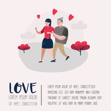 情侶在愛情人物的海報, 橫幅。情人節(jié)涂鴉的心和浪漫元素。愛情和浪漫的概念。矢量插圖