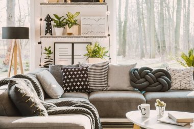 有圖案的枕頭在灰色角落沙發(fā)在客廳內(nèi)部與植物、燈和窗口