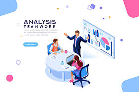 项目管理和财务报告策略。咨询团队。协作的理念与协作的人。等距业务分析计划。平面等距字符矢量图