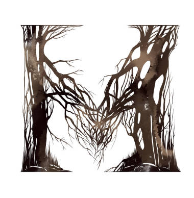 水彩字母 M 的艺术森林卡通字母表从树枝