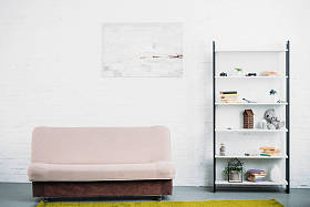 现代光客厅内饰与沙发和书架照片