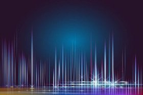 插图网络和光能量在蓝天的网络空间。抽象纹理的网络和想象力的时间机器在未来。具有线条和七彩光的抽象空间背景