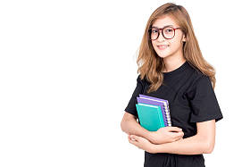 女学生的画像在白色背景下被隔绝的书