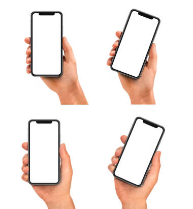 手持黑色智能手机与空白屏幕和现代框架少设计-在白色背景隔离