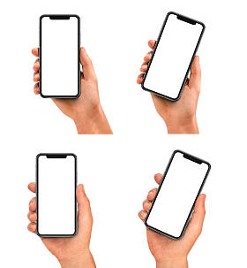 手持黑色智能手机与空白屏幕和现代框架少设计-在白色背景隔离