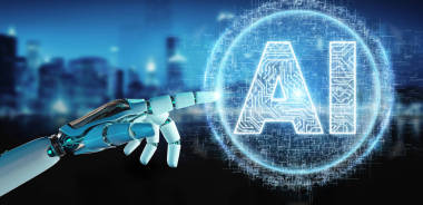 白色人形手在模糊的背景使用數(shù)字人工智能圖標全息圖3d 渲染