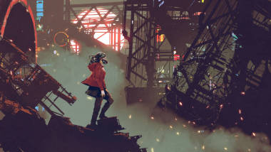 妇女与未来面具站立在赛博朋城市, 数字式艺术样式, 例证绘画