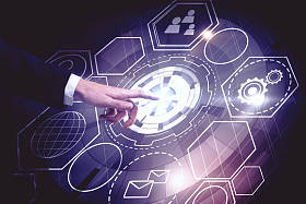 互联网和通信技术概念与商人推动虚拟数字网络按钮与图标界面