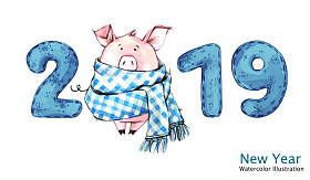 2019新年快乐横幅。可爱的猪在冬天围巾与数字。水彩插图。冬季假期的象征。星座。完美的日历和庆典卡