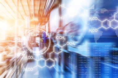 创造性的抽象化学科学背景插图与化学配方和原子结构对抗化工厂工厂内部带有运动模糊效果的工业制造设备