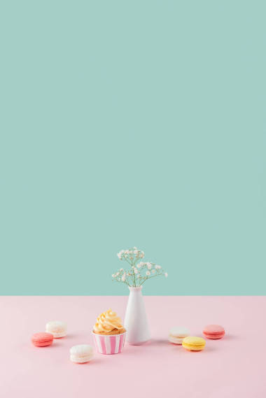 蛋糕和甜马卡龙在柔和的背景与花在花瓶 