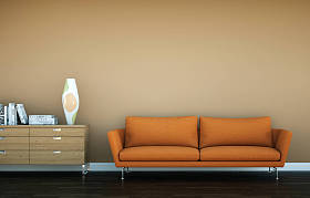 明亮的房间与橙色沙发在棕色墙壁前面