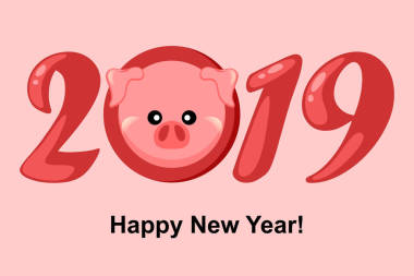 猪。2019新年。卡通 piggi Greetting 卡