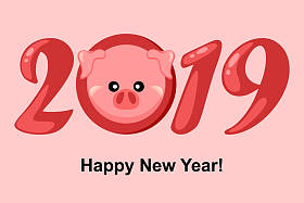 猪。2019新年。卡通 piggi Greetting 卡
