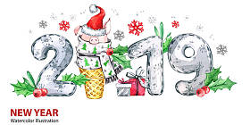 2019新年快乐横幅。可爱的猪与圣诞老人帽子在华夫饼锥和数字。问候水彩插图。冬季假期的象征。星座。完美的日历和庆典卡