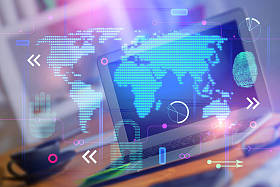 双曝光与台面与笔记本电脑和数字技术元素和世界地图。3d 渲染