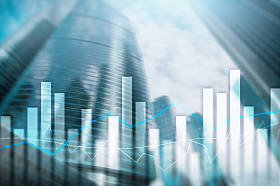 财务图和图表在商业中心的模糊背景。投资和交易概念