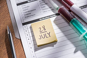 选择焦点棍子它7月28日日期、医学调查表、注射器和测试瓶以血液样品, 世界肝炎天概念