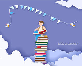 回到学校卡片与男孩和书图片