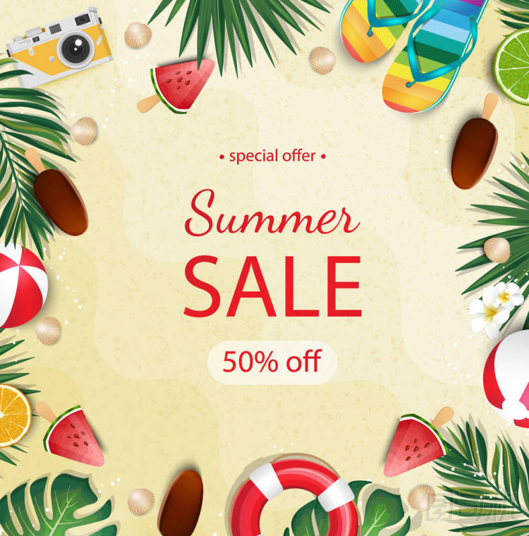 夏季銷售美麗的網(wǎng)頁橫幅。矢量股票插圖與冰淇淋, 熱帶葉, 石灰, 翻轉(zhuǎn)拖鞋