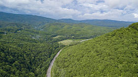 在俄罗斯索契的森林里, 沿着蜿蜒的山路行驶的汽车的空中股票照片。人行, 路之旅, 穿越美丽的乡村风光