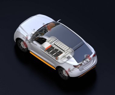 具有悬架、转向系统和电池组在剖切模式下的电动 Suv 汽车的透明视图。黑色背景和等距视图。3d 渲染图像