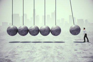 商人在模糊的城市背景下推抽象的混凝土钟摆的侧面视图。努力工作和努力的理念。3d 渲染