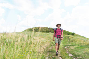 英俊的徒步旅行者與背包步行在綠色草甸