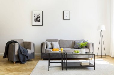 沙發(fā)前地毯上的黑色桌子和客廳內(nèi)有海報(bào)的扶手椅。真實(shí)照片