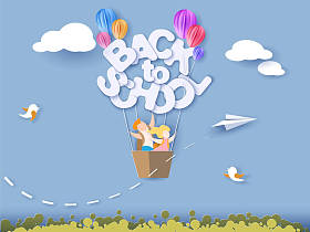 回到学校卡片与孩子、 叶子和太阳