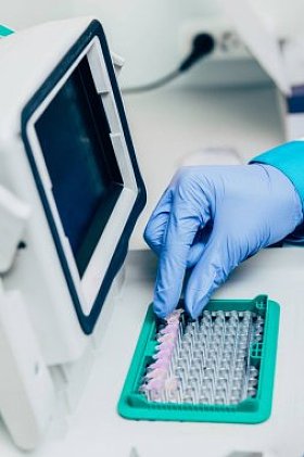 生物技术实验室中科学家服用烧瓶的裁剪图像
