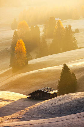 阿尔卑斯休斯或 Seiser 在美丽的日出, 白云山, 意大利的薄雾景观视图