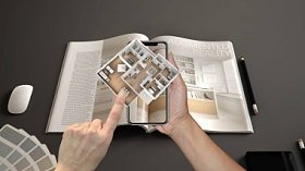 增强的现实概念。手持智能手机与 Ar 应用用于模拟3d 弹出式交互式住宅地图的生活